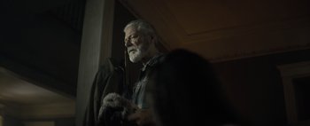 Movie still from “Don't Breathe 2” (2021), directed by Rodo Sayagues – An old man with a beard is standing by a window; Close Up shot, Over the shoulder angle