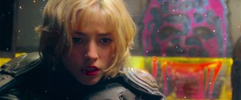 Movie still from “Dredd” (2012), directed by Pete Travis – A person wearing a helmet; Close Up shot, Low angle