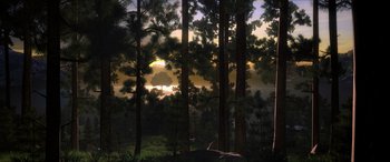 Movie still from “Drive” (2011), directed by Nicolas Winding Refn – A view of a sunset through the trees in the woods; Extreme Wide shot, High angle