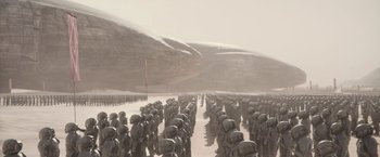 Movie still from “Dune” (2021), directed by Denis Villeneuve – A group of people standing next to each other in the snow; Extreme Wide shot, High angle