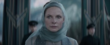 Movie still from “Dune” (2021), directed by Denis Villeneuve – A person wearing a headscarf; Close Up shot, Over the shoulder angle