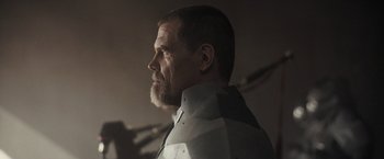 Movie still from “Dune” (2021), directed by Denis Villeneuve – A person with a beard; Close Up shot, Low angle