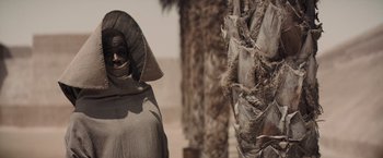 Movie still from “Dune” (2021), directed by Denis Villeneuve – A person in a hooded cloak standing next to a tree; Medium shot, Over the shoulder angle