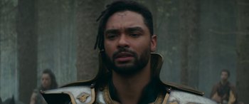 Movie still from “Dungeons & Dragons: Honor Among Thieves” (2023), directed by John Francis Daley – A person wearing a costume; Close Up shot, Over the shoulder angle