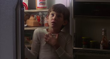 Movie still from “E.T. the Extra-Terrestrial” (1982), directed by Steven Spielberg – A young boy standing in front of an open refrigerator; Close Up shot, Low angle