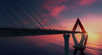 Movie still from “Easter Sunday” (2022), directed by Jay Chandrasekhar – A view of a bridge that is over a body of water at sunset; Extreme Wide shot, Low angle