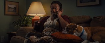 Movie still from “A Dog's Journey” (2019), directed by Gail Mancuso – An older woman sitting on a couch talking on the phone; Medium shot, High angle