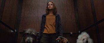 Movie still from “A Dog's Journey” (2019), directed by Gail Mancuso – A woman standing in front of a wall with a dog; Medium shot, Low angle