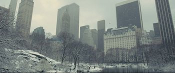 Movie still from “A Dog's Journey” (2019), directed by Gail Mancuso – A view of a park with a lot of snow on it; Extreme Wide shot, High angle