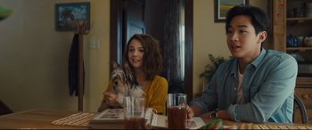 Movie still from “A Dog's Journey” (2019), directed by Gail Mancuso – A woman sitting at a table holding a dog; Medium shot, Over the shoulder angle