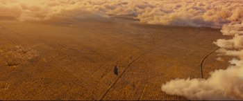 Movie still from “A Dog's Journey” (2019), directed by Gail Mancuso – An aerial view of a person walking in the middle of a field; Extreme Wide shot, Overhead angle