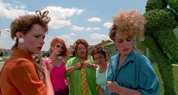 Movie still from “Edward Scissorhands” (1990), directed by Tim Burton – A group of women standing next to each other; Medium shot, Over the shoulder angle