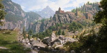 Movie still from “Ehrengard: The Art of Seduction” (2023), directed by Bille August – A painting of a castle on top of a mountain; Extreme Wide shot, High angle