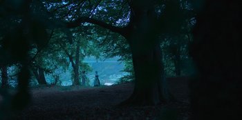 Movie still from “Ehrengard: The Art of Seduction” (2023), directed by Bille August – A person standing under a tree in the woods; Extreme Wide shot, Over the shoulder angle
