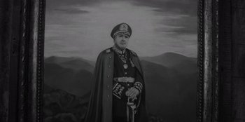 Movie still from “El Conde” (2023), directed by Pablo Larraín – A painting of a man in a military uniform holding a sword; Medium shot, Low angle