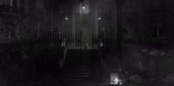 Movie still from “El Conde” (2023), directed by Pablo Larraín – A person standing on the steps of a building; Extreme Wide shot, High angle