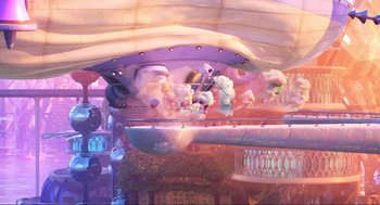 Movie still from “Elemental” (2023), directed by Peter Sohn – An artistic rendering of a carnival ride with a lot of people in it; Extreme Wide shot, Low angle