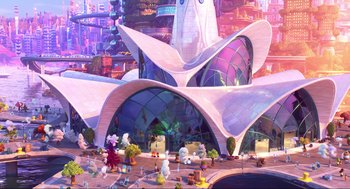 Movie still from “Elemental” (2023), directed by Peter Sohn – An artistic rendering of a futuristic building with a lot of plants; Extreme Wide shot, Low angle
