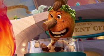 Movie still from “Elemental” (2023), directed by Peter Sohn – A person with a carrot on their head; Close Up shot, High angle