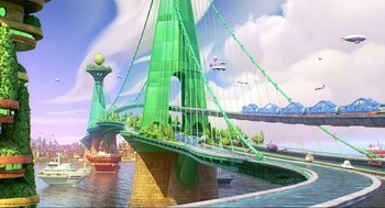 Movie still from “Elemental” (2023), directed by Peter Sohn – An artistic rendering of a bridge with a green structure on it; Extreme Wide shot, High angle
