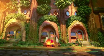 Movie still from “Elemental” (2023), directed by Peter Sohn – An image of an animated building with a fire in it; Extreme Wide shot, Low angle