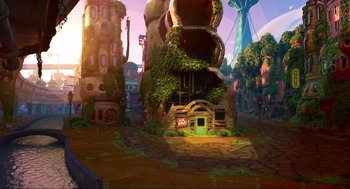 Movie still from “Elemental” (2023), directed by Peter Sohn – An animated picture of a building with trees around it; Extreme Wide shot, High angle