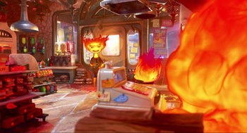 Movie still from “Elemental” (2023), directed by Peter Sohn – An animated scene of a person in a fire station; Wide shot, Over the shoulder angle