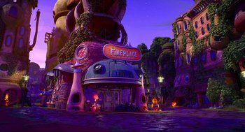 Movie still from “Elemental” (2023), directed by Peter Sohn – An image of an animated building in the middle of the night; Extreme Wide shot, High angle