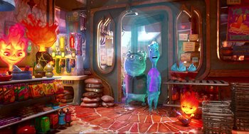 Movie still from “Elemental” (2023), directed by Peter Sohn – An image of an animated scene with a monster and a girl; Wide shot, Over the shoulder angle