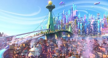 Movie still from “Elemental” (2023), directed by Peter Sohn – An artistic rendering of a futuristic city with a bridge; Extreme Wide shot, Low angle