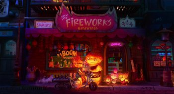 Movie still from “Elemental” (2023), directed by Peter Sohn – A neon sign that reads fireworks fireworks; Extreme Wide shot, Low angle