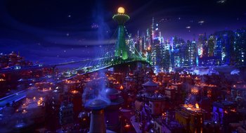 Movie still from “Elemental” (2023), directed by Peter Sohn – An image of an alien city at night; Extreme Wide shot, High angle