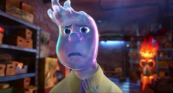 Movie still from “Elemental” (2023), directed by Peter Sohn – An image of an animated character that is sad; Close Up shot, Over the shoulder angle