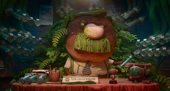 Movie still from “Elemental” (2023), directed by Peter Sohn – A stuffed animal with a beard and a mustache; Wide shot, Over the shoulder angle