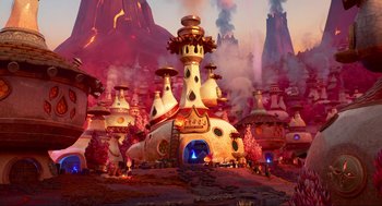 Movie still from “Elemental” (2023), directed by Peter Sohn – An image of an animated scene with a castle in the background; Extreme Wide shot, High angle