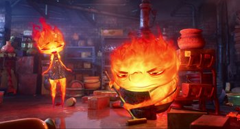 Movie still from “Elemental” (2023), directed by Peter Sohn – An animated character is holding a broom in his mouth; Wide shot, Low angle