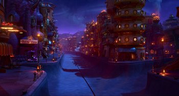 Movie still from “Elemental” (2023), directed by Peter Sohn – An animated city is lit up at night time; Extreme Wide shot, High angle