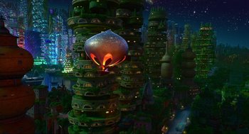 Movie still from “Elemental” (2023), directed by Peter Sohn – An image of an alien city with a fire in the center; Extreme Wide shot, High angle