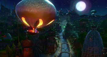 Movie still from “Elemental” (2023), directed by Peter Sohn – An artistic rendering of an alien city at night; Extreme Wide shot, High angle