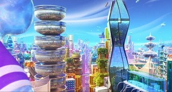 Movie still from “Elemental” (2023), directed by Peter Sohn – An artistic rendering of a city with a lot of trees; Extreme Wide shot, High angle