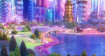 Movie still from “Elemental” (2023), directed by Peter Sohn – An artistic rendering of a city with a river and a bridge in the middle of it; Extreme Wide shot, High angle