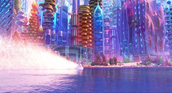 Movie still from “Elemental” (2023), directed by Peter Sohn – An image of an animated city in the middle of the ocean; Extreme Wide shot, Low angle