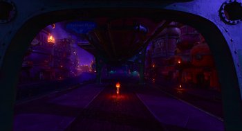 Movie still from “Elemental” (2023), directed by Peter Sohn – An image of an empty street at night; Extreme Wide shot, High angle