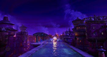 Movie still from “Elemental” (2023), directed by Peter Sohn – An image of a city with a car driving down the street; Extreme Wide shot, High angle