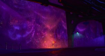 Movie still from “Elemental” (2023), directed by Peter Sohn – A person holding an umbrella standing in front of a wall; Extreme Wide shot, Low angle