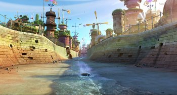 Movie still from “Elemental” (2023), directed by Peter Sohn – An artistic rendering of an urban area with water running down the street; Extreme Wide shot, High angle