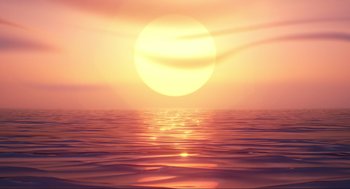 Movie still from “Elemental” (2023), directed by Peter Sohn – The sun is setting over the ocean with the sun reflecting on the water; Extreme Wide shot, Low angle