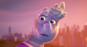 Movie still from “Elemental” (2023), directed by Peter Sohn – A cartoon character is looking up at the sky; Close Up shot, Over the shoulder angle