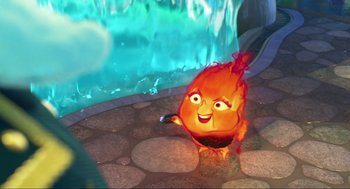 Movie still from “Elemental” (2023), directed by Peter Sohn – An image of an animated character that is on fire; Medium shot, Over the shoulder angle