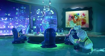 Movie still from “Elemental” (2023), directed by Peter Sohn – An animated scene of a dining room with a table and chairs; Wide shot, High angle